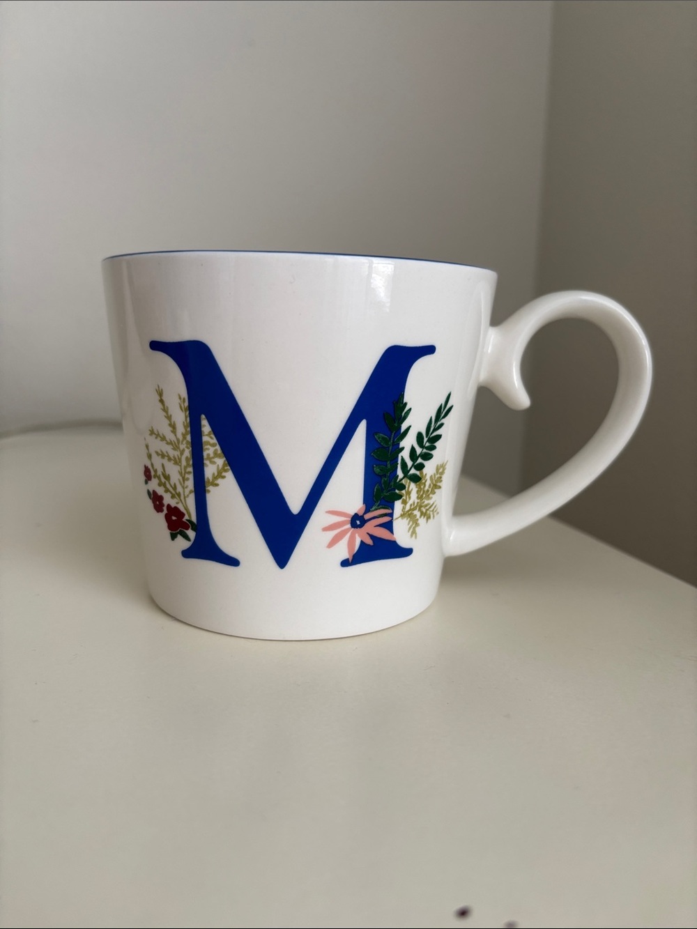 Opalhouse Monogram M Blue Floral Coffee Mug Tea Cup Curly Handle